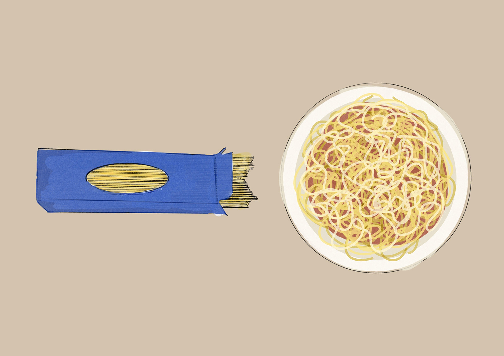 A digital illustration of spaghetti in a package and in a bowl