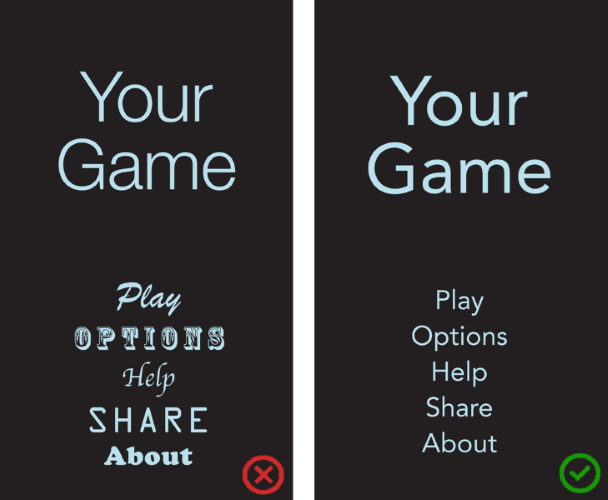 An image comparing the use of a single typeface for an app versus using multiple typefaces